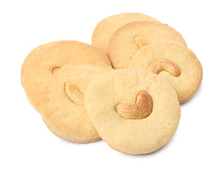 Many tasty cashew cookies isolated on white