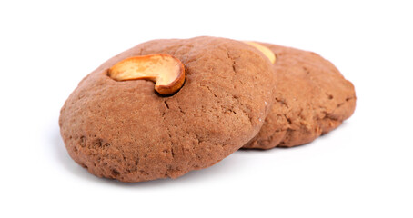 Tasty chocolate cookies with cashew isolated on white