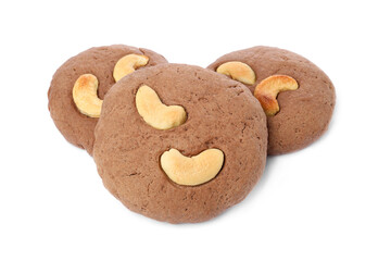 Tasty chocolate cookies with cashew isolated on white