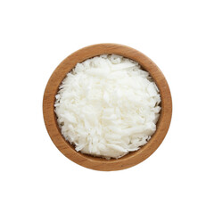 Soy wax in wooden bowl isolated on white, top view