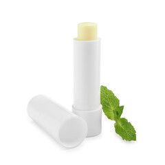 Mint lip balm and green leaves isolated on white. Cosmetic product