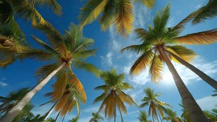 Obraz premium Palm trees sway in the summer breeze in a tropical paradise. Palm trees against a blue sky, seen from below.