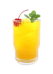 Tasty pineapple cocktail with mint and cherry in glass isolated on white