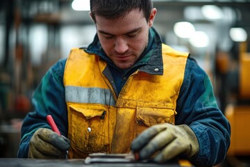 Young man with Down syndrome in factory wearing safety vest working on tools in modern workshop representing social inclusion and diversity