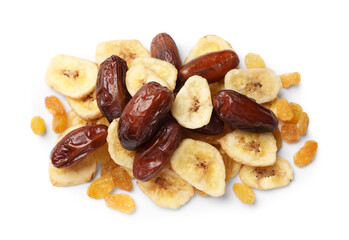 Mix of different dried fruits isolated on white, top view