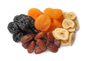 Mix of different dried fruits isolated on white, top view
