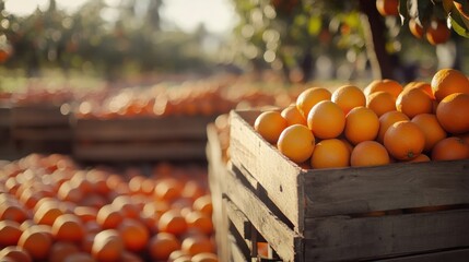 Orchard fruits showcase vibrant oranges in wooden crates highlighting seasonal harvest in a sunlit field