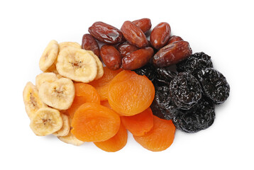 Mix of different dried fruits isolated on white, top view