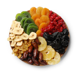 Mix of different dried fruits isolated on white, top view