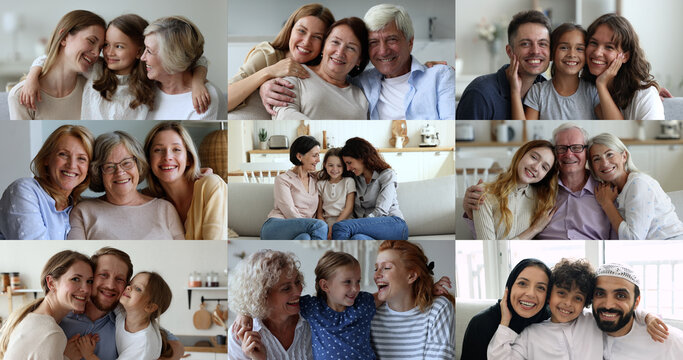 Collage of cheerful multi-generational people sit on sofa, hugging, looking at camera spend time together feeling love. Close up faces of older and younger relatives people, celebrate Happy Family Day