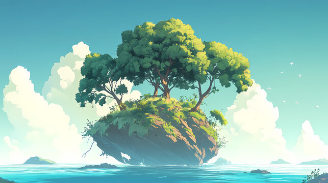 Imagine a fantastical island, where gravity seems to have no hold, and a grove of trees and plants hovers above the crystal clear waters below. Skybound. Illustration