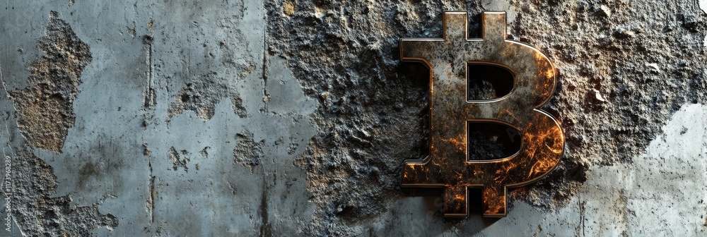 Poster glowing bitcoin symbol embedded in a grunge concrete wall, representing the volatile and uncertain n
