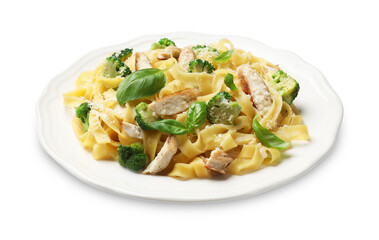 Delicious pasta Alfredo with chicken, cheese, broccoli and basil isolated on white