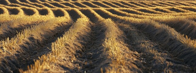 Planted rows in a field showcase meticulous organization and growth during golden hour natural light