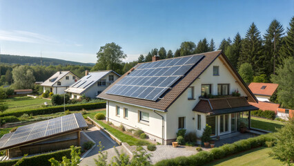 Modern house with solar panels on the roof in a rural area showcasing clean energy and sustainability