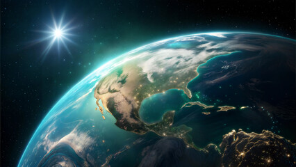 Detailed view of planet Earth illuminated by sunlight from space emphasizing global unity and care