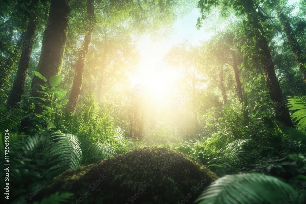 Poster sunlight filters through a lush green forest creating a serene and tranquil atmosphere