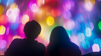 Two figures admire a dazzling blur of colorful lights during an enchanting nighttime event