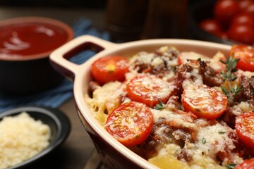 Delicious pasta casserole with cheese, tomatoes, minced meat and thyme in baking dish on table, closeup