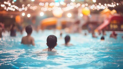 Obraz premium People swimming and relaxing in vibrant summer water park