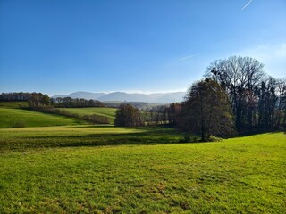 autumn landscape with green meadows and trees near the village of Tich&aacute;
