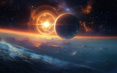 Surreal Cosmic Landscape with Intricate Rings of Distant Planet and Bright Star