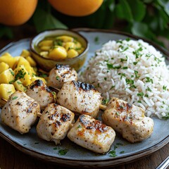 Grilled Chicken Skewers with Mango Salsa and Rice - Delicious Tropical Lunch Recipe with Juicy Grilled Chicken Kabobs, Fresh Mango, Rice, and Herbs for a Flavorful Meal