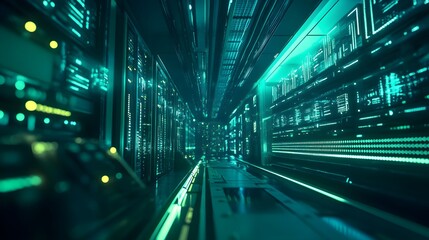A high-tech data center with rows of illuminated servers in a digital green and blue theme highlights technological advancement