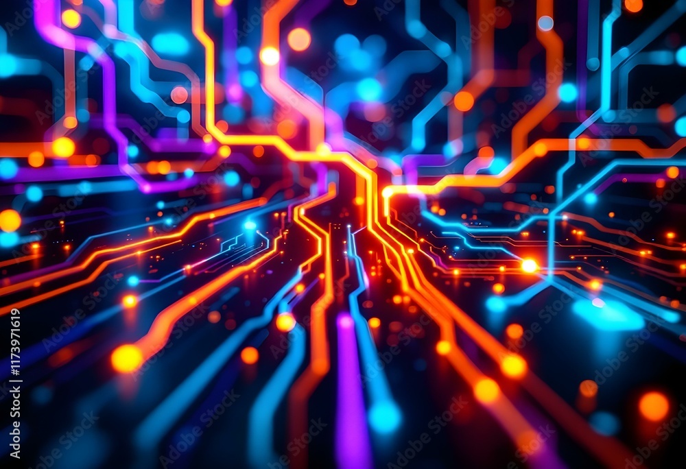 Poster colorful digital circuit paths with glowing neon lines. modern technology background with blue and o