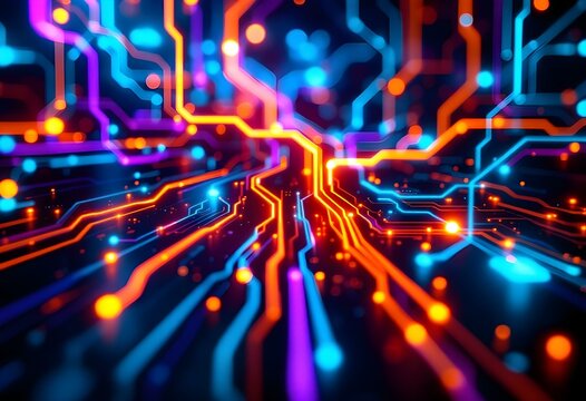 Colorful digital circuit paths with glowing neon lines. Modern technology background with blue and orange light trails. Electronic network concept. Abstract tech pattern for banner design