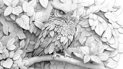Fototapeta premium Intricate Line Art Owl Amidst Foliage: A Masterpiece of Digital Sculpture