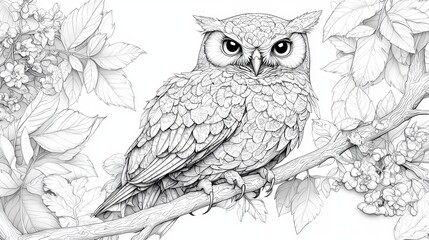 Fototapeta premium Intricate Owl in Blossoming Branches: A Masterpiece of Detailed Line Art