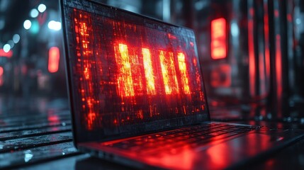 Warning Sign Displayed on Laptop Screen Indicating Cyber Attack System Breach and Global Tech Outage