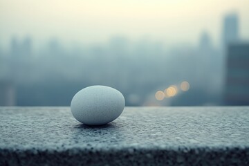 A single white egg rests on a granite surface against a blurry cityscape backdrop.