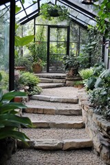 Stone walkways inviting visitors into a lush greenhouse with vibrant plants and an organized aesthetic