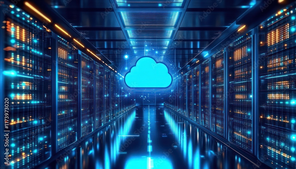 Poster futuristic data center with hybrid cloud integration architecture and vibrant technology infrastruct