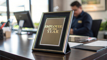 Employee of the Year framed certificate on modern office desk with work supplies and decor