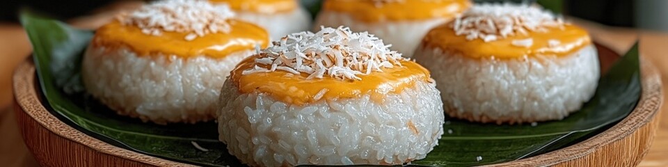 Traditional Thai Mango Sticky Rice Dessert with Coconut Milk and Sesame Seeds on Banana Leaf - Authentic Sweet Asian Dish Recipe Perfect for Exotic Flavor Lovers