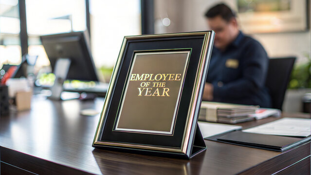 Employee of the Year framed certificate on modern office desk with work supplies and decor - Powered by Adobe