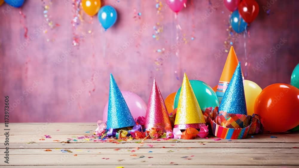 Poster colorful party hats and balloons sit on a wooden table with confetti and streamers scattered around,