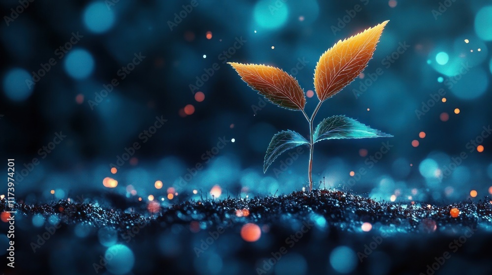 Poster digital transformation and technological growth represented by a seedling sprouting from a circuit b