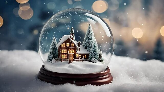 video of snow globe resting on a bed of snow. The snow globe captures a miniature winter scene, creating a sense of nostalgia and wonder