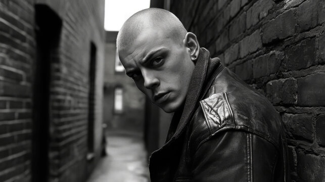 Old portrait of a skinhead on the streets of London in the 1990s. English skinhead man with a stern and violent look.