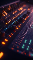 Obraz premium Dynamic mixing console with vibrant faders illuminated in an ethereal ambiance at a late-night recording session
