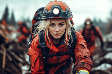 Female firefighter kneeling in rubble during search and rescue operation
