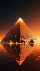 Mystical pyramid rising from the tranquil waters at sunset, bathed in golden light with a celestial backdrop