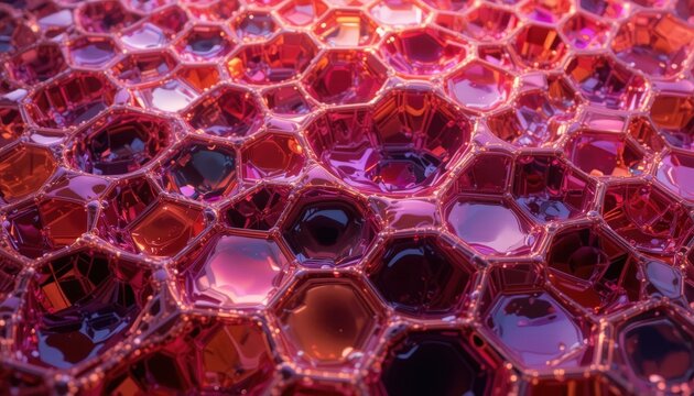Vibrant honeycomb patterns shimmer under soft light, showcasing a mesmerizing blend of red and purple hues in a captivating abstract design