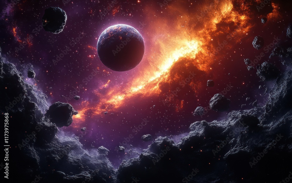 Poster cosmic nebula and distant planet in asteroid field