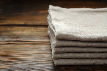 Soft, folded linen napkins arranged neatly on rustic wooden surf