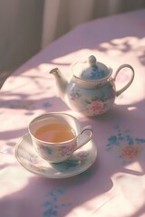 Fototapeta premium Delicate tea set rests on softly lit table, casting gentle shado